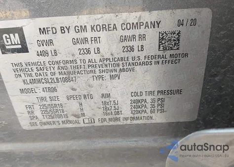 2020 Buick Encore Gx Awd Preferred z USA, uszkodzony, nr VIN KL4MMCSL2LB108847